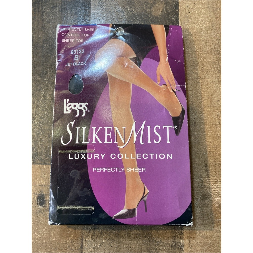 Leggs Silken Mist Pantyhose Control‎ Top Perfectly Sheer Toe JET BLACK Sz B Vtg